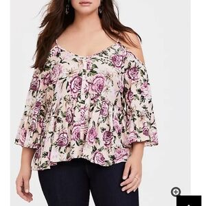 🆕 SIZE LG PINK FLORAL COLD SHOULDER BABYDOLL BLOUSE
